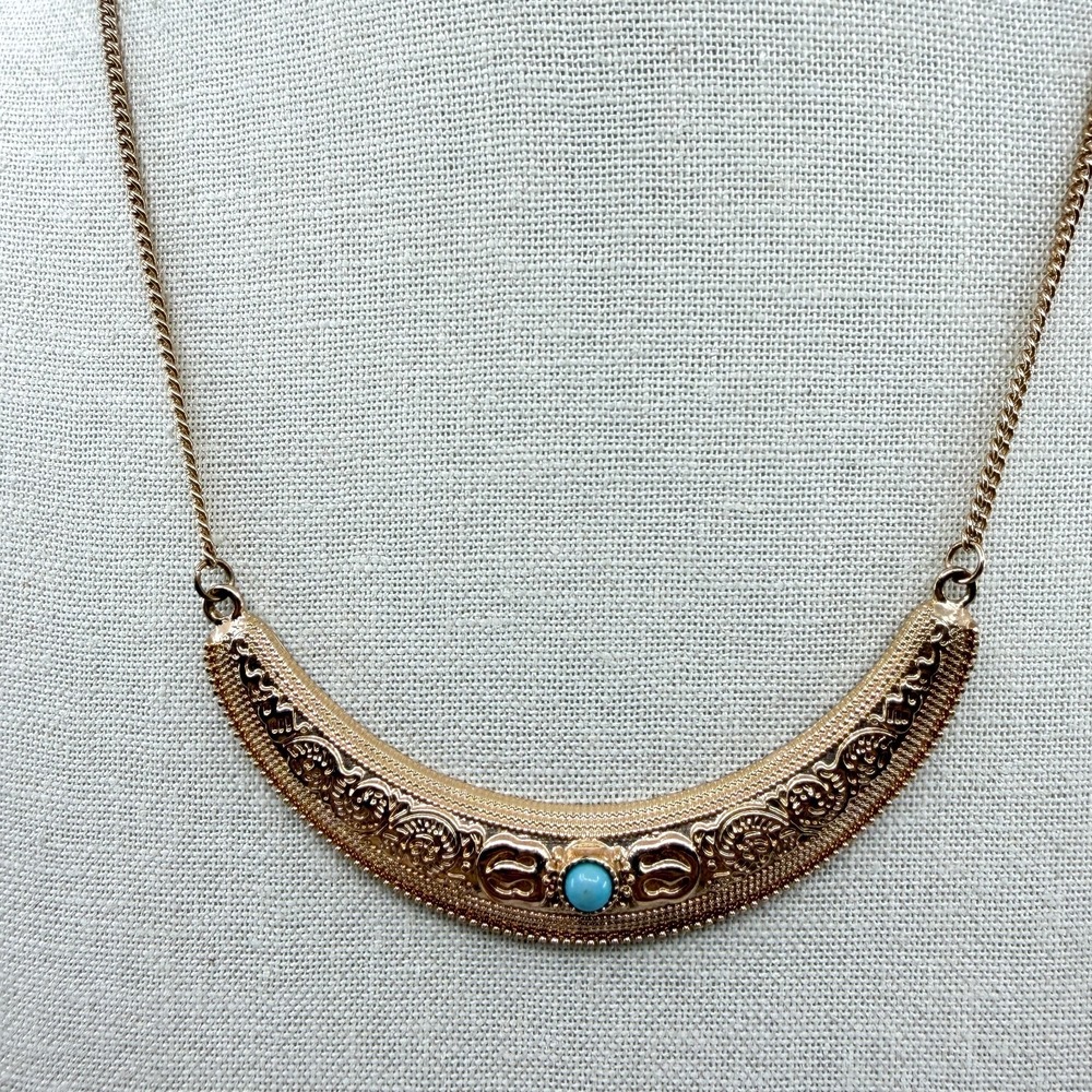 Gold Tone Etched Crescent Necklace Minimalist Boho Celestial Statement Gift